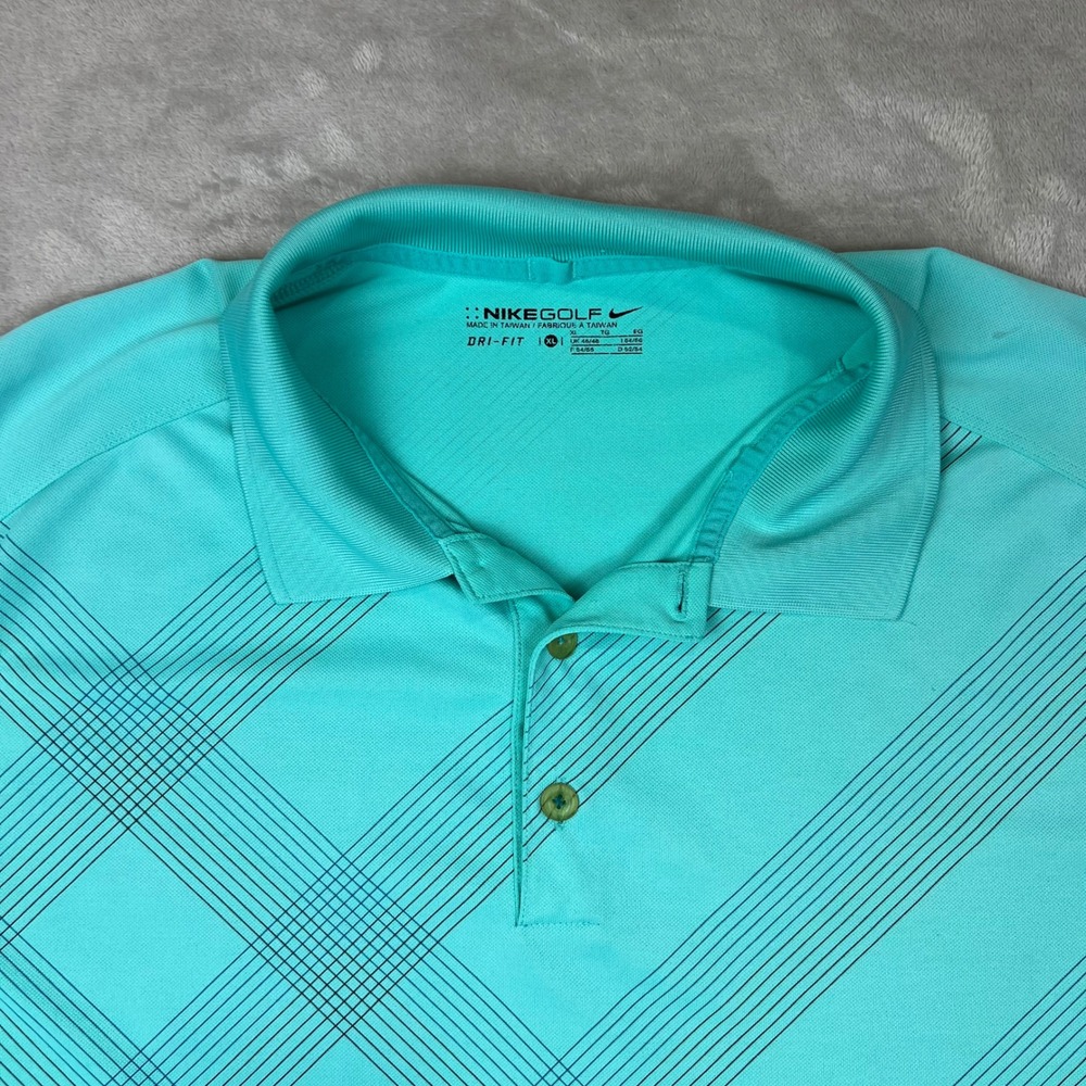 Nike Golf Dri-Fit Polo Shirt Mens XL Teal Aqua Plaid Print Performance Swoosh